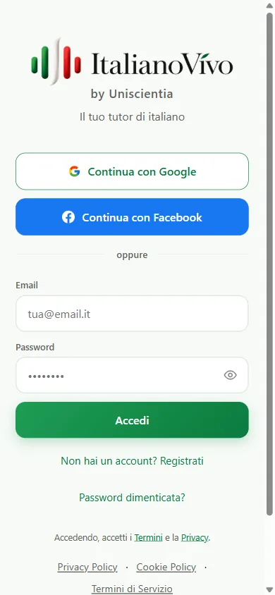 La schermata d'accesso dell'app: «Continua con Google», «Continua con Facebook», oppure email e password.