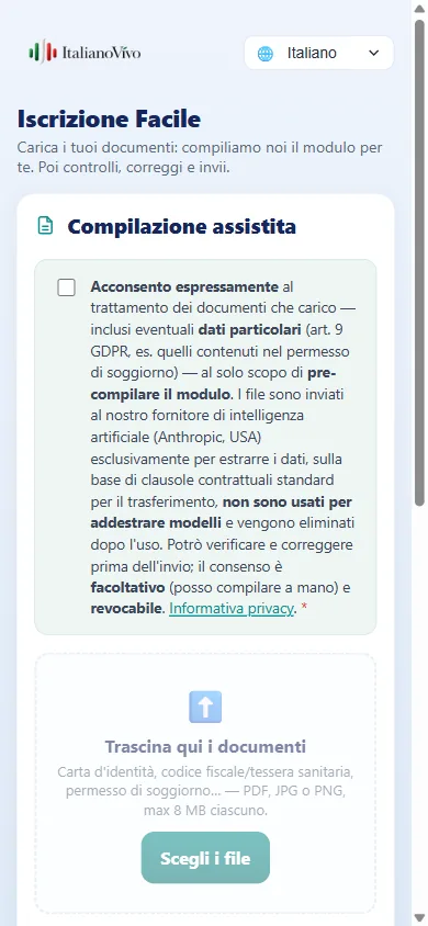 Iscrizione Facile: il riquadro del consenso al trattamento dei documenti e l'area dove trascinare i file.
